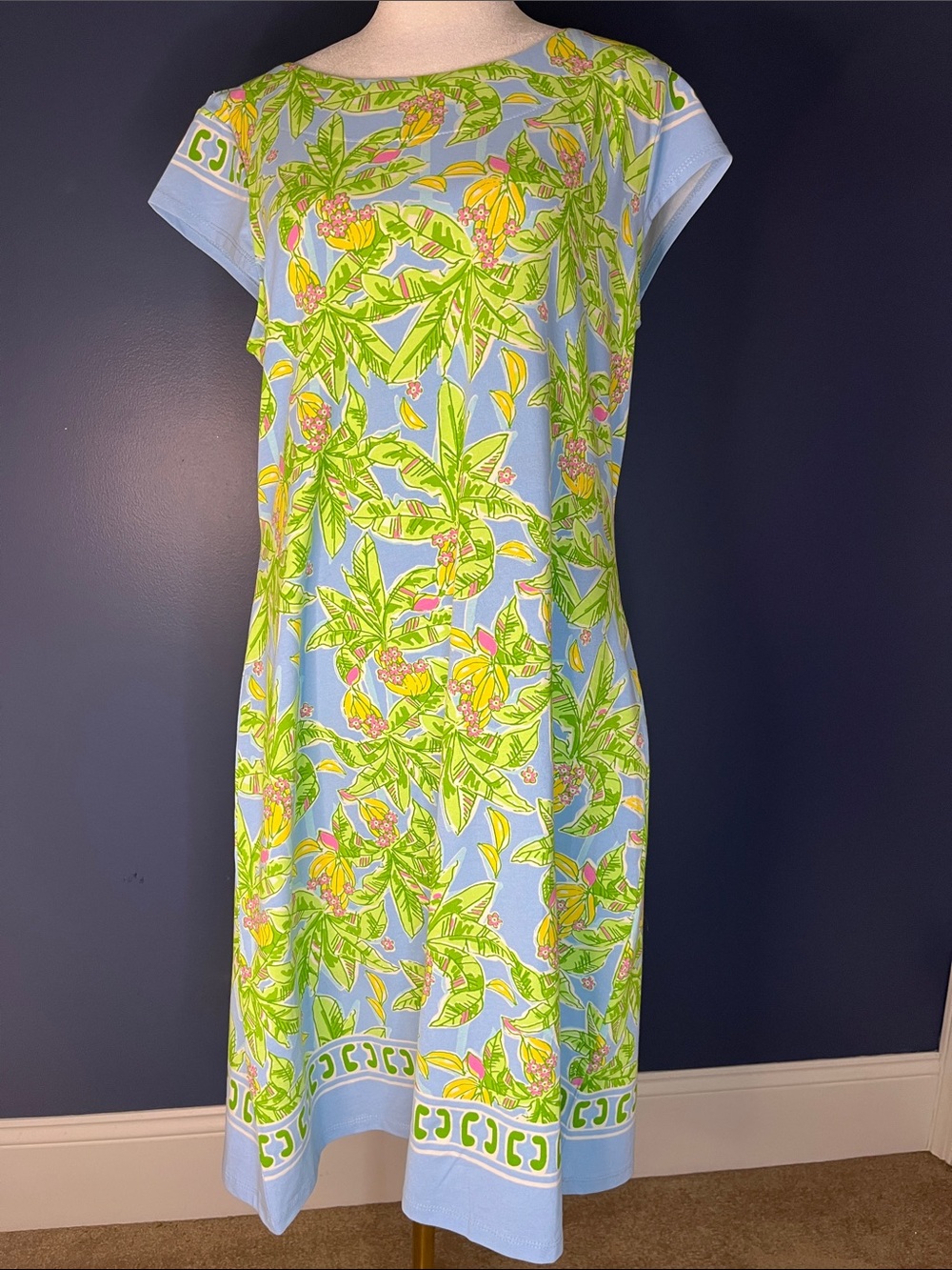 Barbara Erickson Light Blue Tropical Shift Dress Pink/Lime/Yellow Print NWT sz L